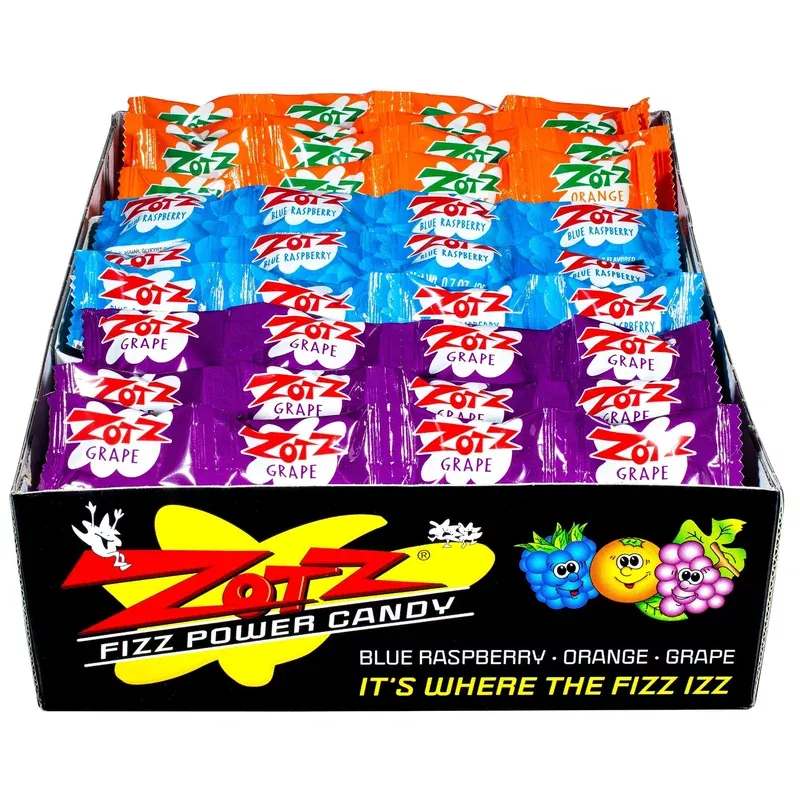 zotz fizz power candy strings blue raspberry orange & grape